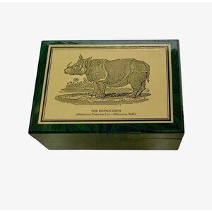 Box Lacquered Green Faux Malachite with Rhino Design Vintage Safari Decor Gift